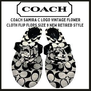 COACH Samira Logo Style Vintage Flower Black White Canvas Thong Rubber Sole New